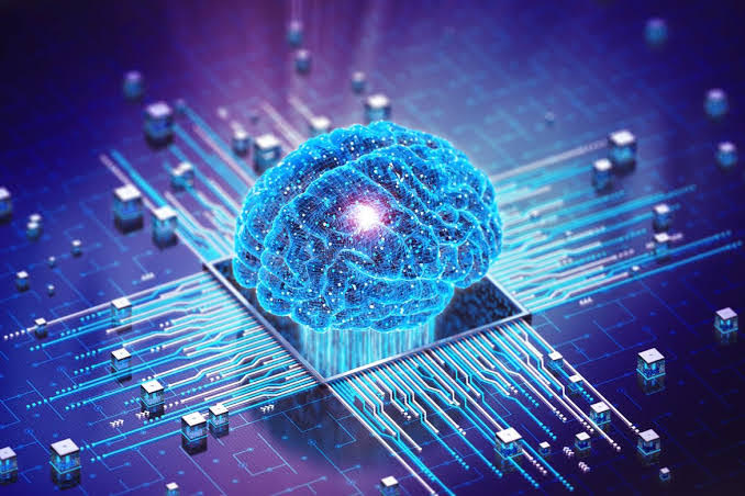 Luminous brain on a circuit board with four red stimulation points marking the service areas