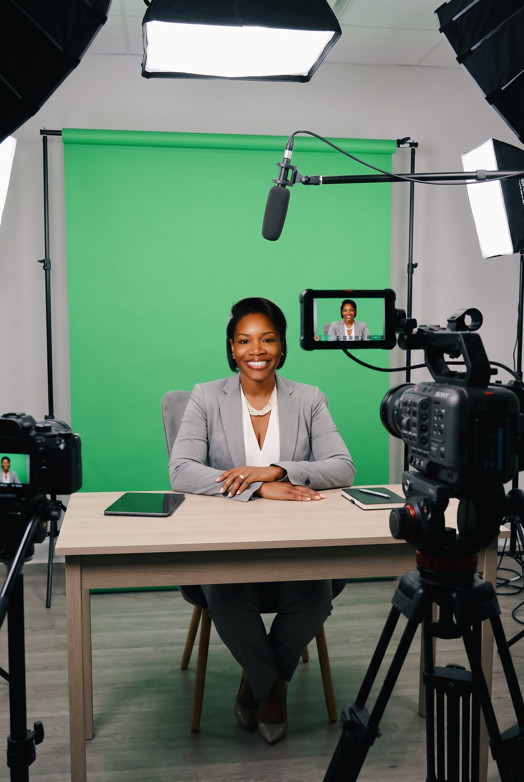 T. Nikki Watkins seated at a recording desk in a green-screen content studio, with cameras facing her, a live-view monitor, overhead lighting and a boom microphone